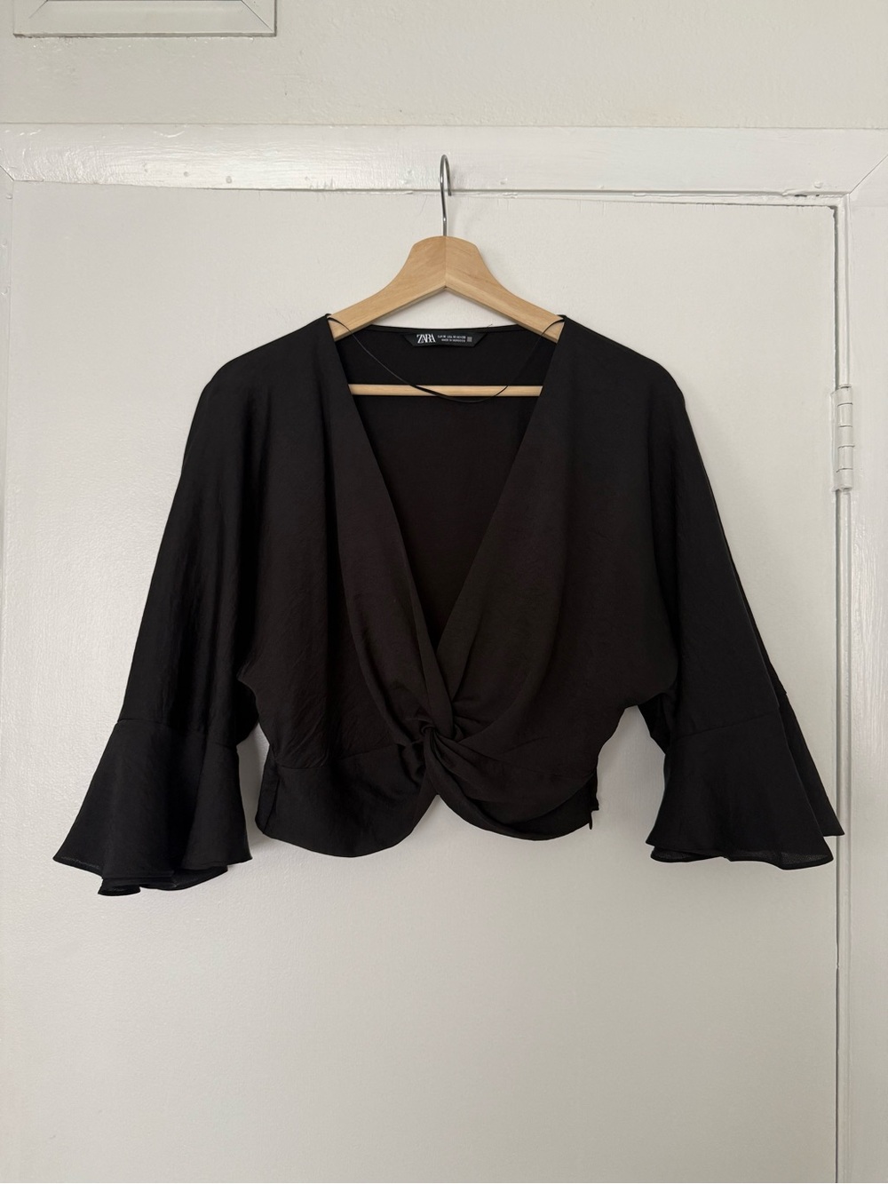 Zara Black Twisted Front V-Neck Blouse with Flared Sleeves